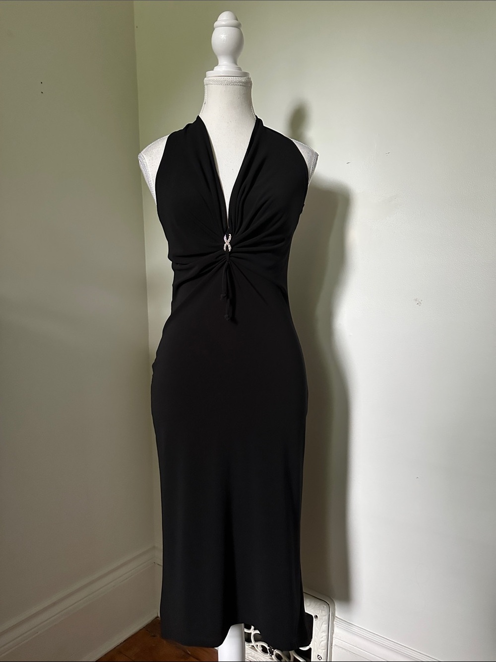 VINTAGE Black Goth Vamp Party Halter Plunging Ruched Neck Fitted Midi Dress